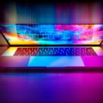 Un ordinateur portable ouvert sur une surface, écran affichant des couleurs vives